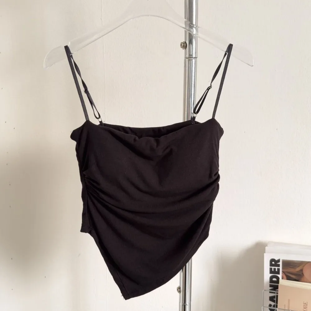 

Irregular Hot Girl Tank Top Solid Color Folds Slimming Base Layer Vest Off-the-shoulder Neckline Women's Padded Backless Top