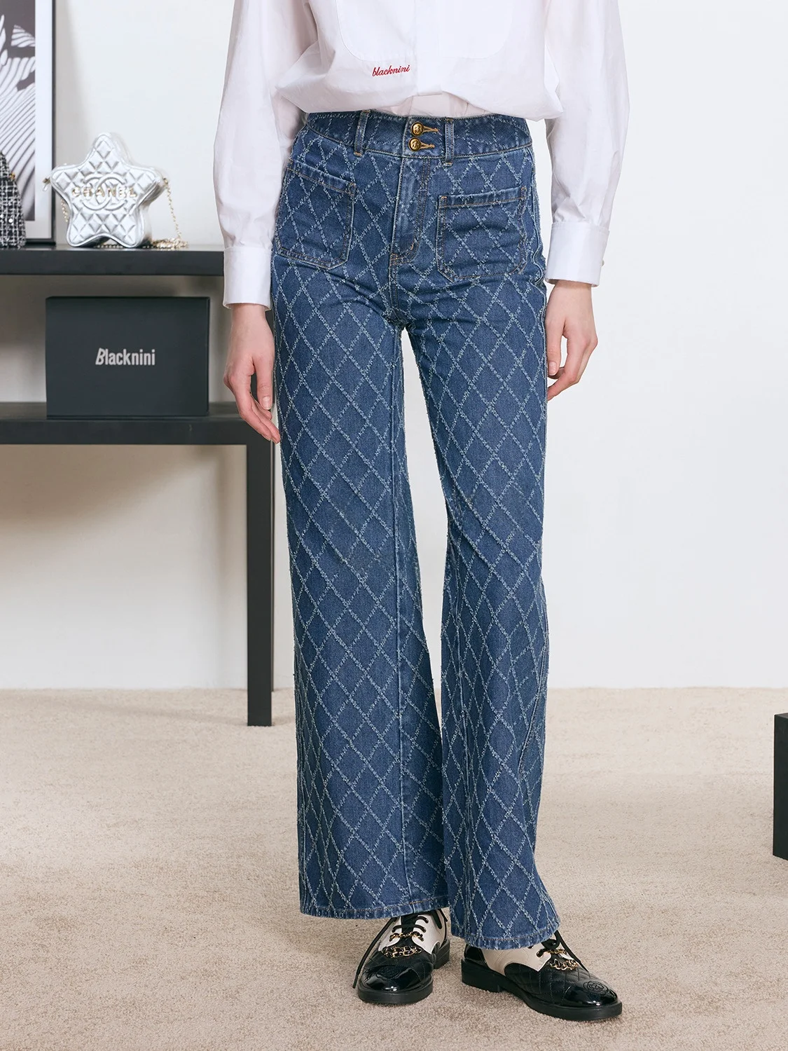 

Blanini Heavyweight id с узором на крючках и цветком, широкие джинсы прямого кроя, повседневные женские джинсы с поясом