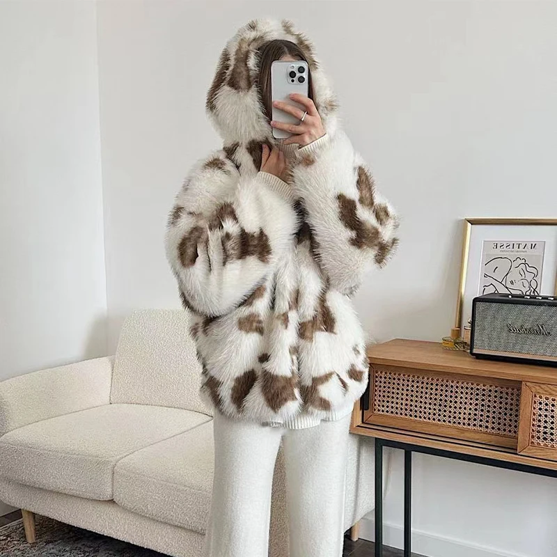 Oversized Leopard Faux Fur Coat Women Winter Sweet Harajuku Y2k Fashion Girls Thicken Fox Fur Jacket Hooded Overcoat Outwear