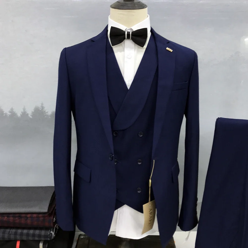 High Quality Men's Clothing Solid Color Suits for Men Chic 3 Piece Jacket Pants Vest Notch Lapel Single Breated Wedding Set 2024