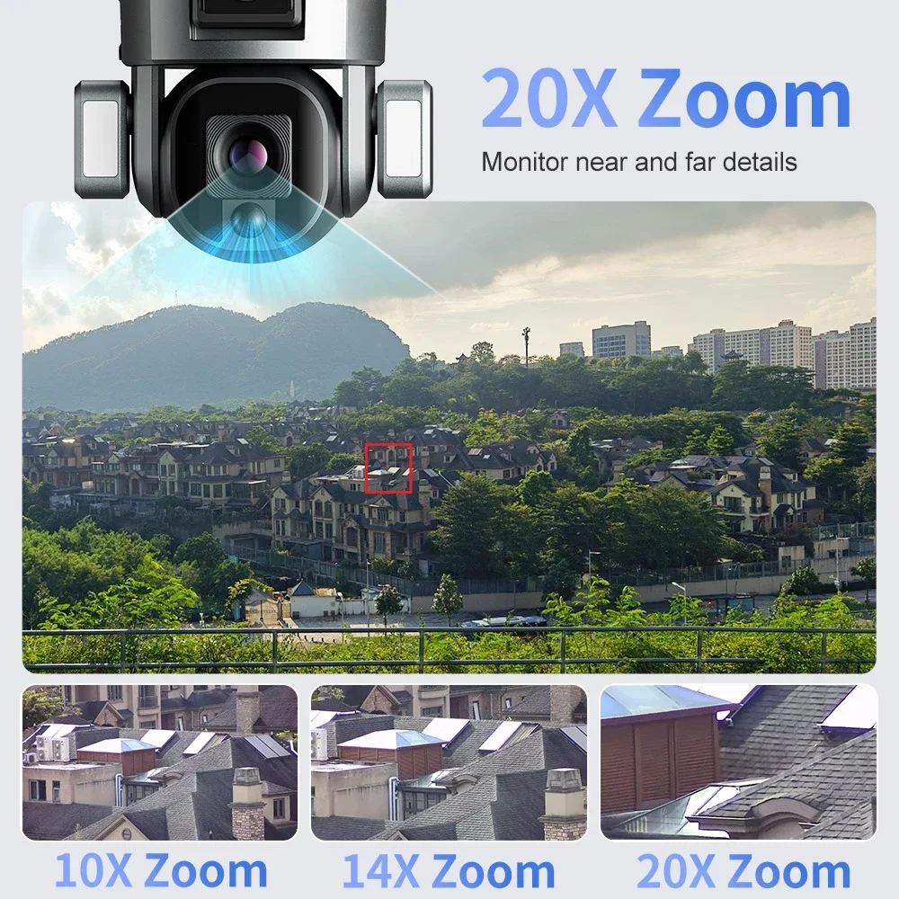 Câmeras de vigilância Wifi externas sem fio de tela dupla IP Cctv 4K 20X Zoom 4G Câmera de segurança solar