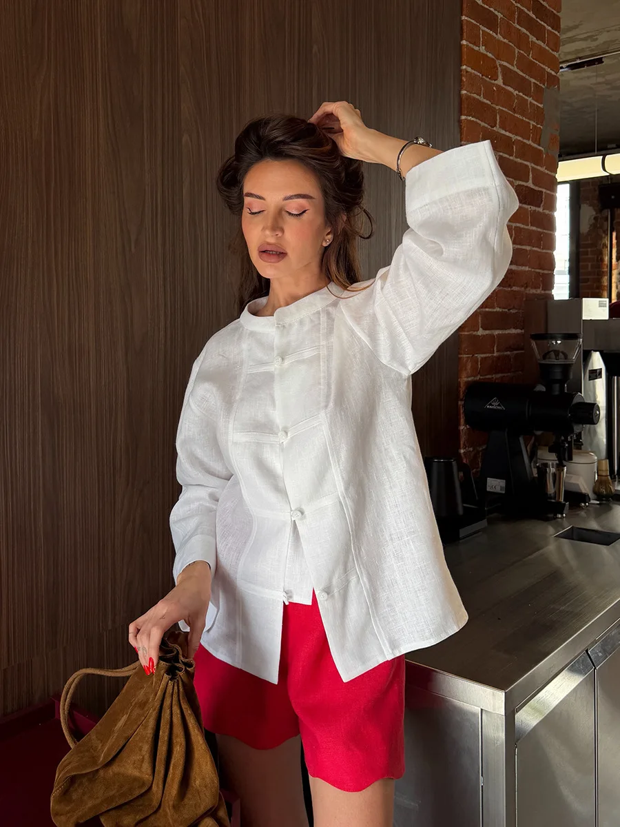 

Llinar Women's New Chinese-Style 100% Cotton Shirt Spring/Summer 2026 Long-Sleeve Loose-Fit Chinese-Style Button-Down Shirt