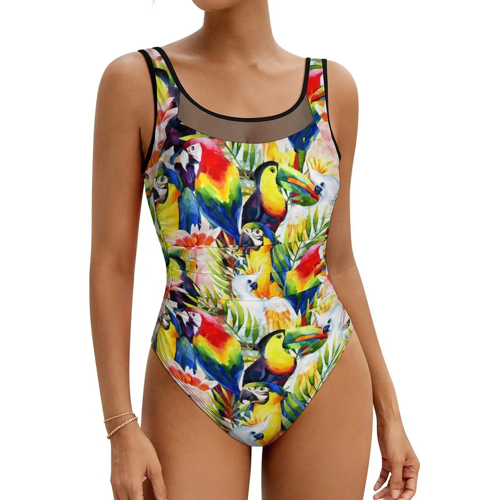 

Tropical Birds Swimsuit Parrots Palm Leaves Swimwear Bath Design Bodysuit Hollow Out Bathing Suits Women Push Up Sexy Beach Wear