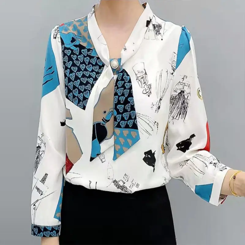 Imagem -05 - Camisa de Chiffon Versátil para Mulheres Impressão com Vários Elementos Manga Longa Blusa Pulôver Senhora do Escritório Roupas Femininas Moda Primavera e Outono