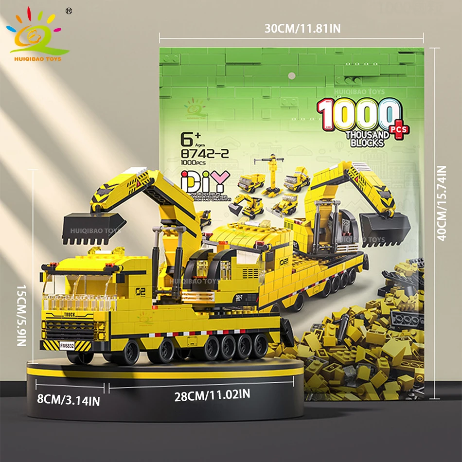 HUIQIBAO 1000pcs 6IN1 City Engineering Excavator Model Building Blocks Vehicle Crane Bricks Construction Toys For Children Gifts