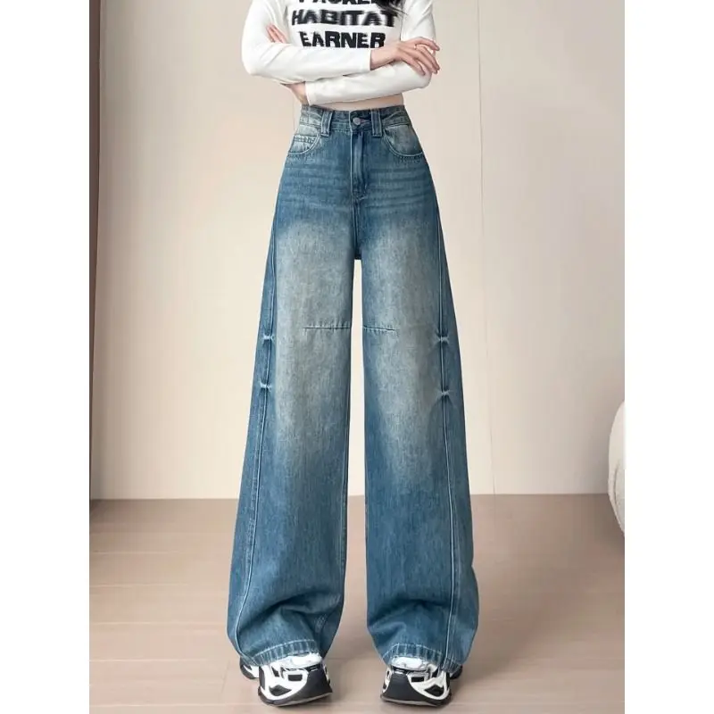 KSTUN Vintage High Street Wide Leg Jeans For Women High Waist Baggy Pants Female Straight-leg Denim Trousers Trendy Patchwork