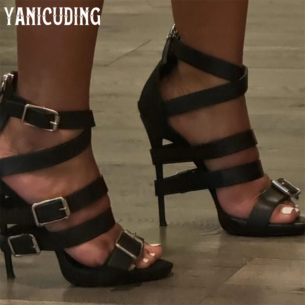 

Wrap Around Buckle Stiletto Sandals Black Leather Buckle High Heeled Sandals Designer Style Handmade Summer Sandals for Women