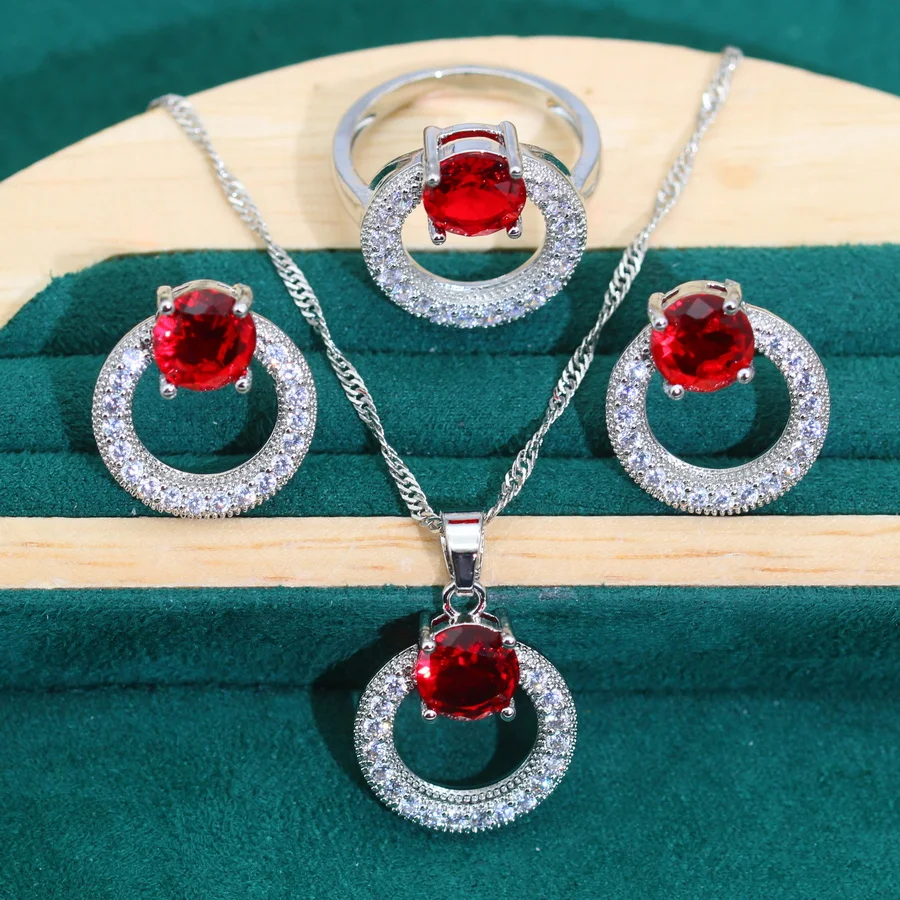 New Round Red Stone Bride Silver Color Wedding Jewelry Set for Women Earrings Ring Necklace Pendant Birthday Gift Daily Wear