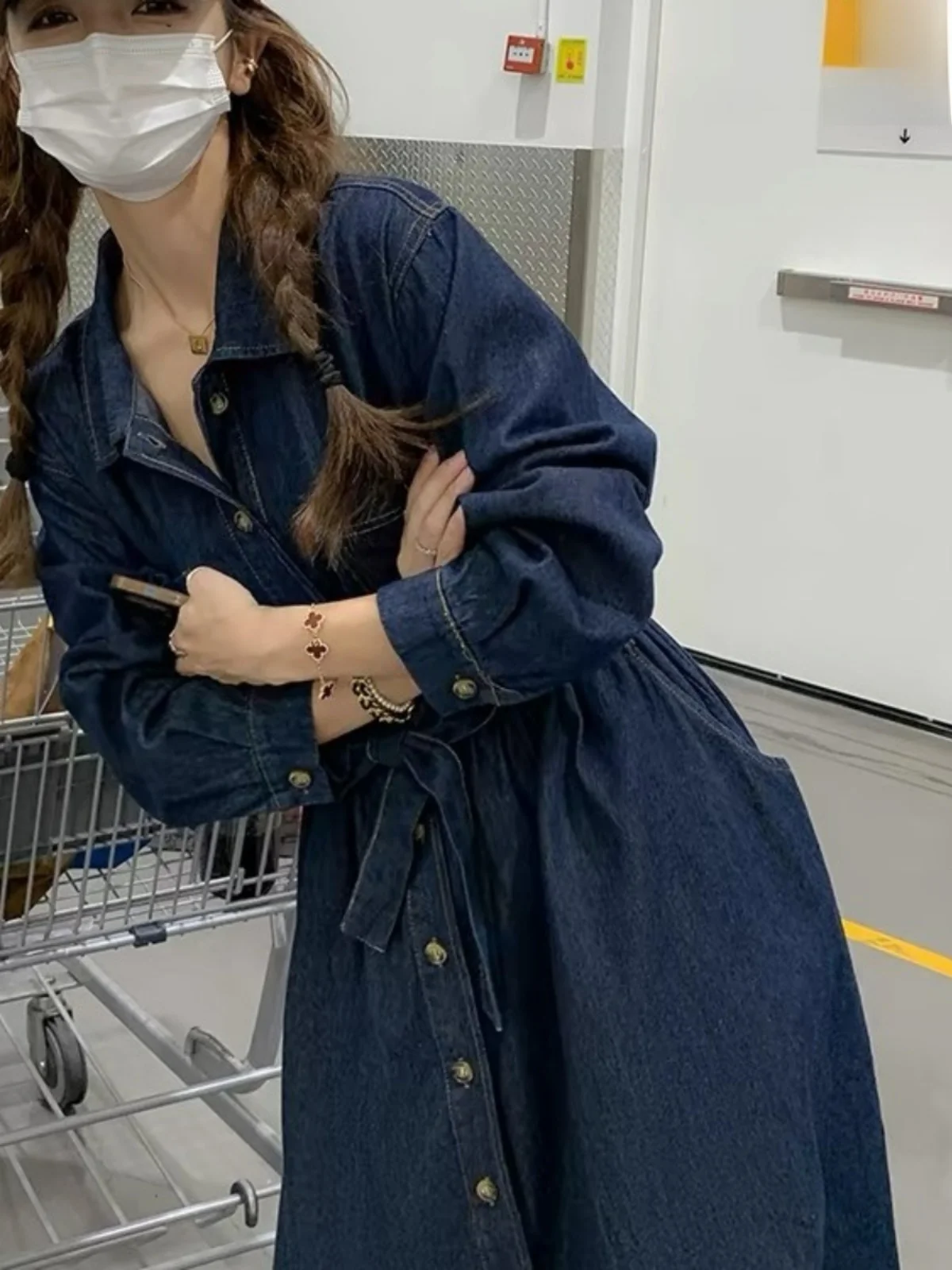 한국 스타일 하이웨이스트 긴팔 데님 원피스 여성 봄 가을 신상 슬림 빈티지 무릎 아래 스커트 면 00%