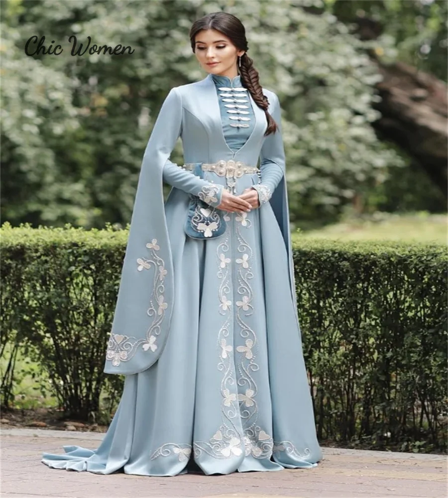 Blue Turkish Muslim Wedding Dress Saudi Arabic Long Sleeve Abaya Bridal Dress Kaftan Moroccan Gatsby Aesthetic Bride Customized