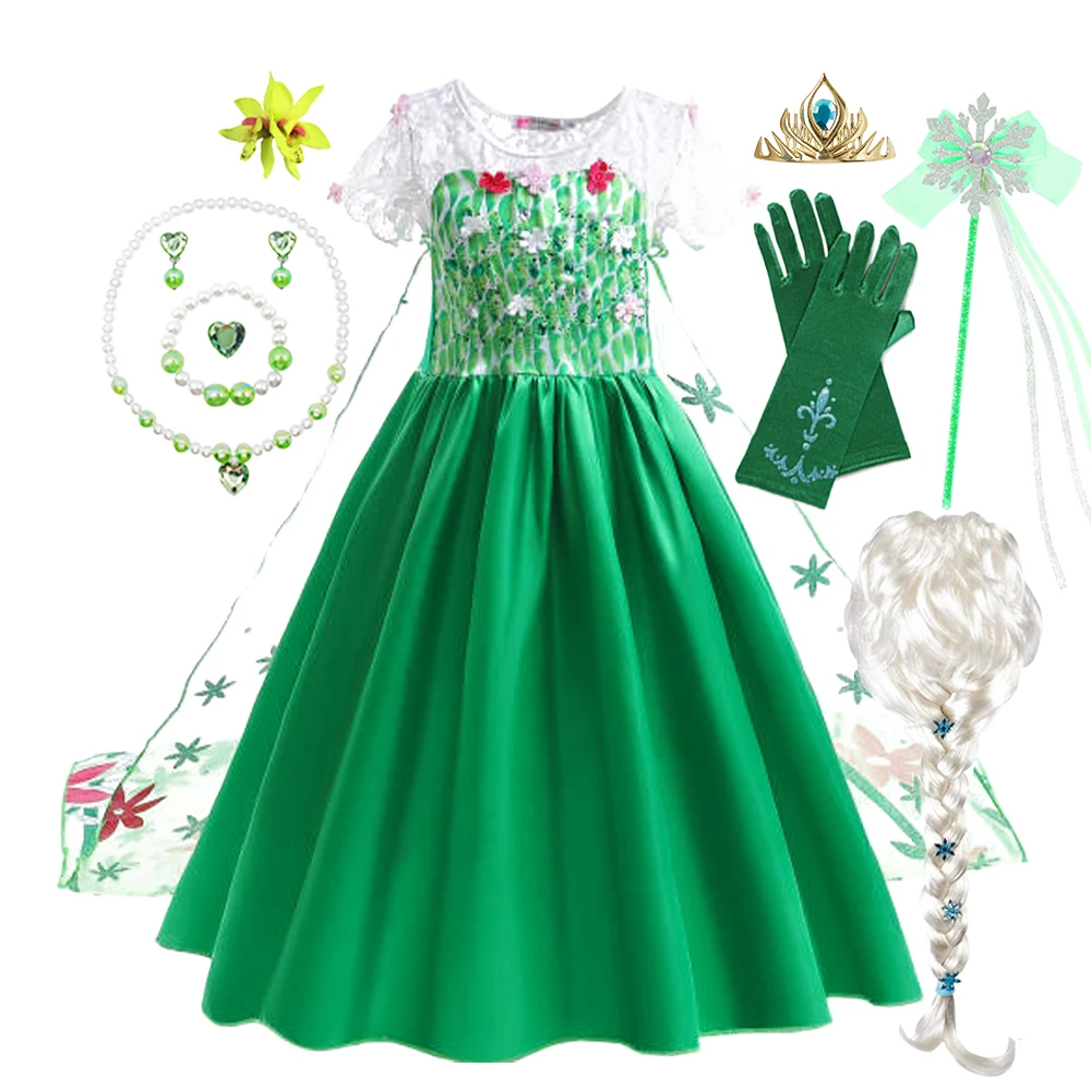 

Костюм Эльзы для девочек, зеленое нарядное платье для дня рождения, детское платье для косплея принцессы, карнавальное платье для детей с цветами