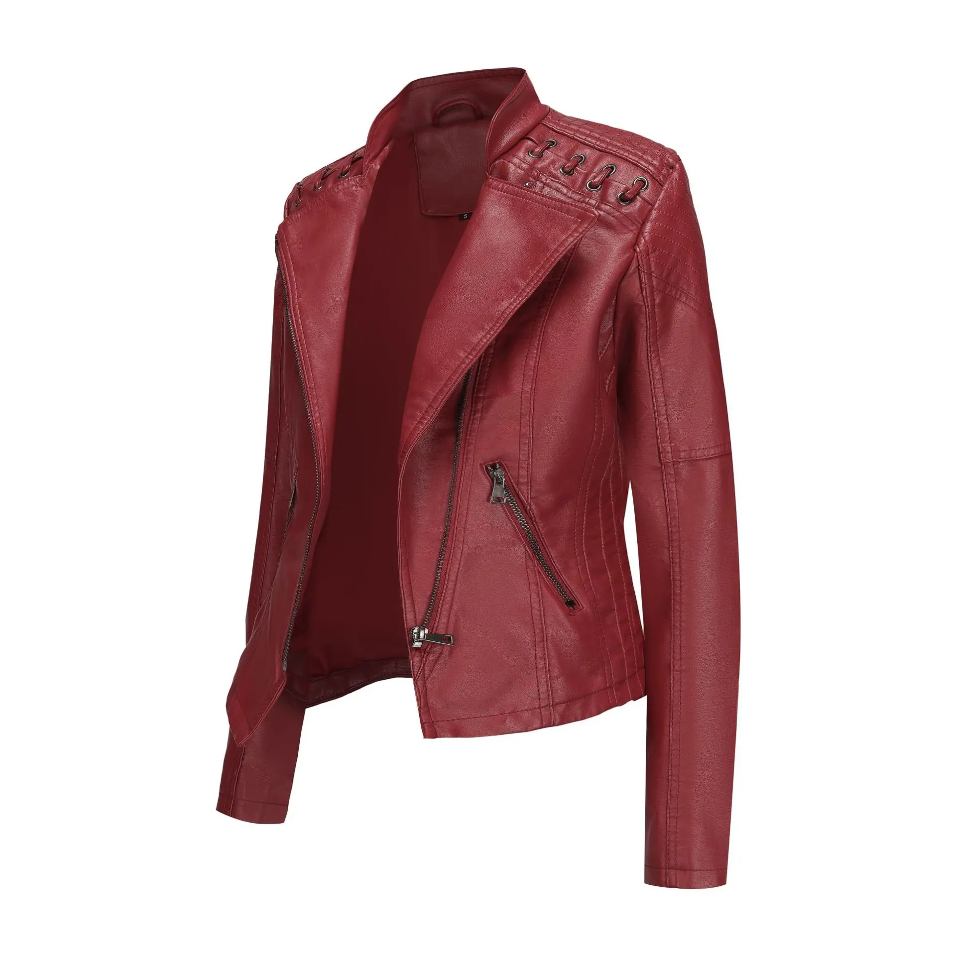 Women's Casual spot goods Leather Jacket Autumn Fashionable Street Zipper Motorcycle Suit Black Top Coat for Waterproof top