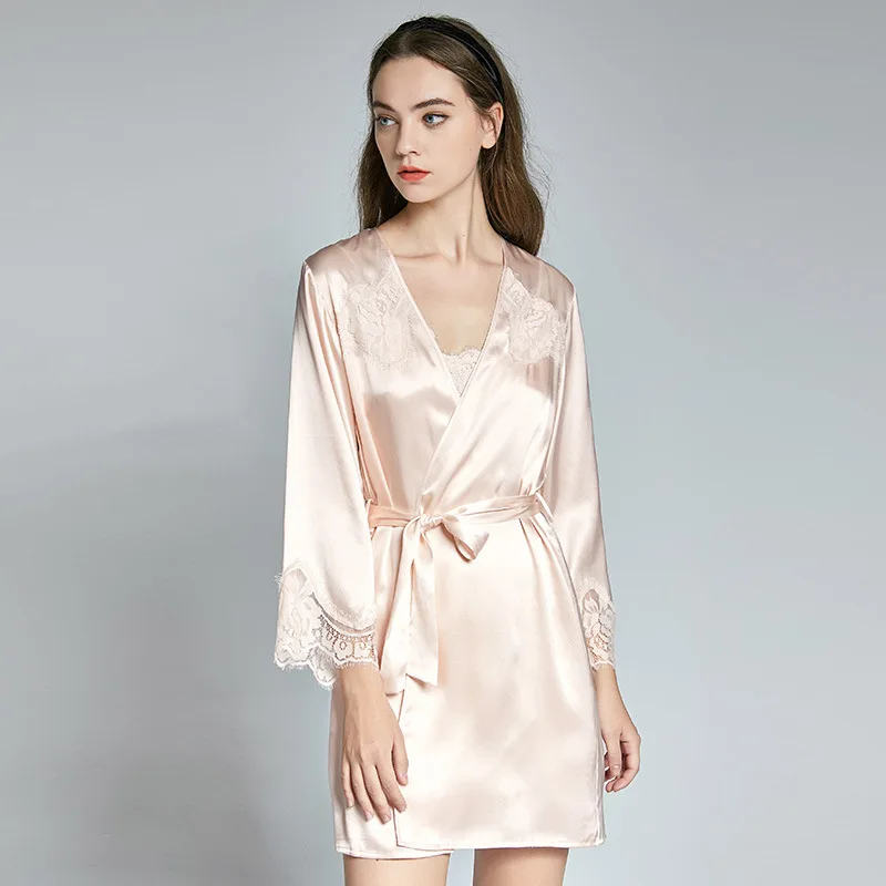 Women's 19MM 100% Pure Mulberry Silk Bridal Robe Set Lace Trim V-Neck Slip Dress & Wrap Kimono Robe Elegant Loungewear Nightgown