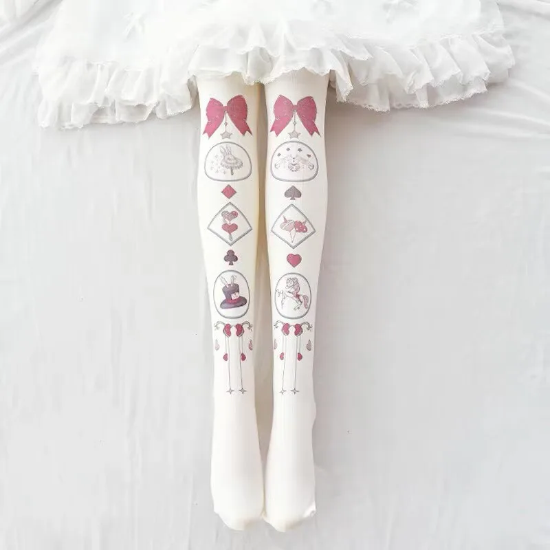 Sweet Lolita Strawberry Print Tights Kawaii Bow Pattern Pantyhose for Women Cute Girls Soft Bottom Socks