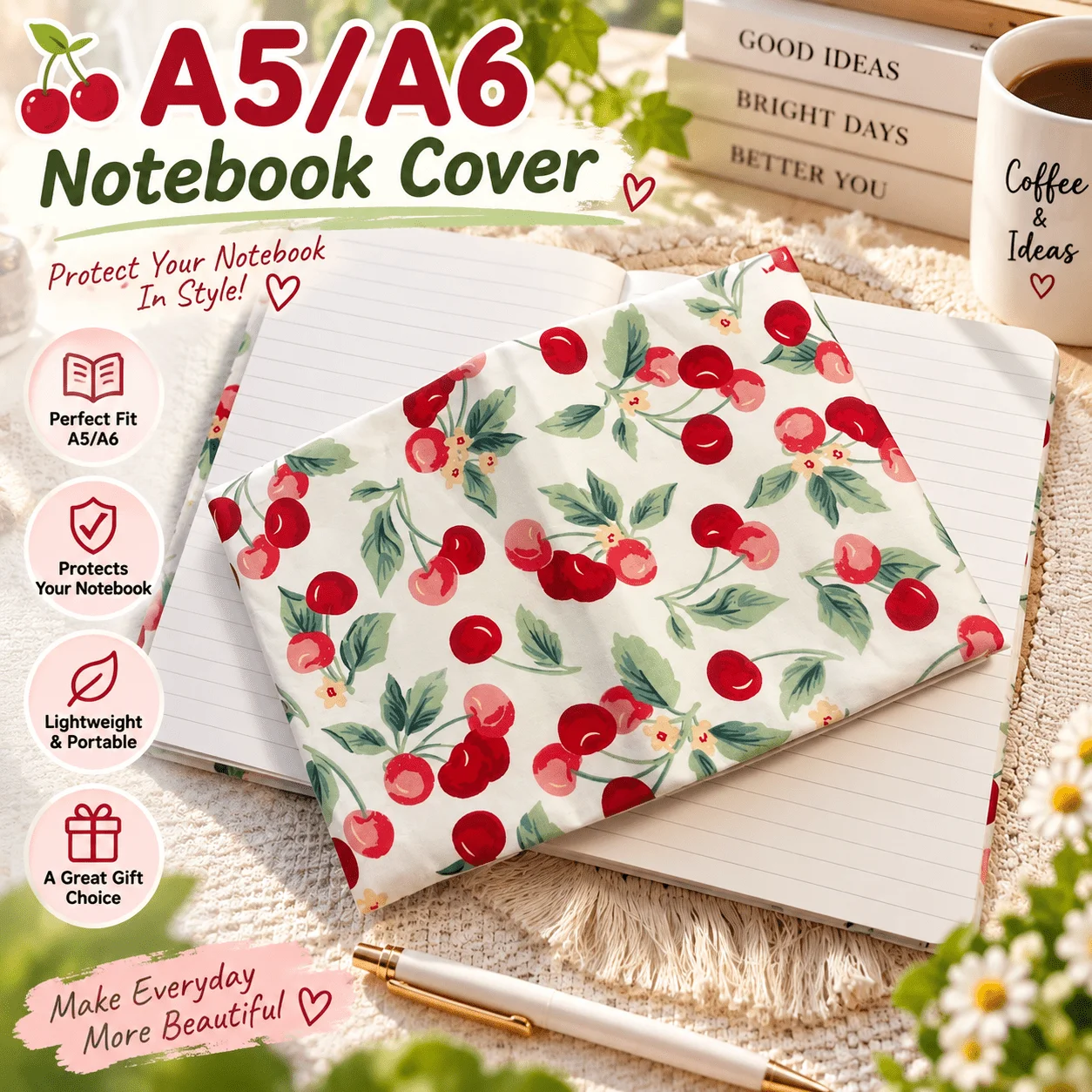 Cute Cherry Floral Fabric Notebook Cover A5 A6 Reusable Elastic Journal Planner Protective Sleeve Diary School Office Stationery