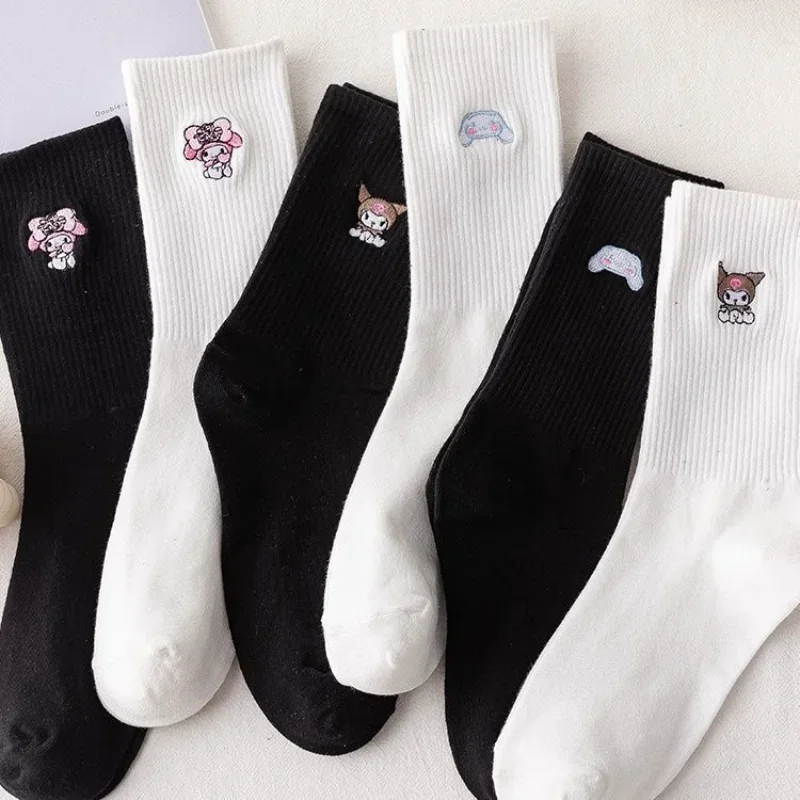 Sanrio Cotton Socks Kawaii Cinnamoroll Kuromi My Melody Cartoon Embroidery Cute Student Tube Socks Solid Color Home Warm Socks