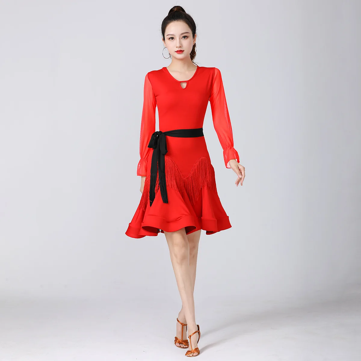 

Latin dance outfit adult long sleeved mesh tassel slit dress practice clothing ballroom dance competition dresses