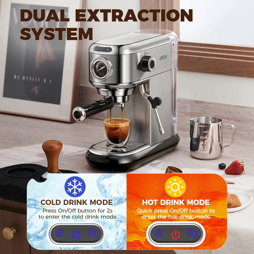 CafeLffe Coffee Maker Cafetera 20 Bar Inox Semi Automatic Super Slim ESE POD& Powder Espresso Cappuccino Machine Hot Water H11 view 4