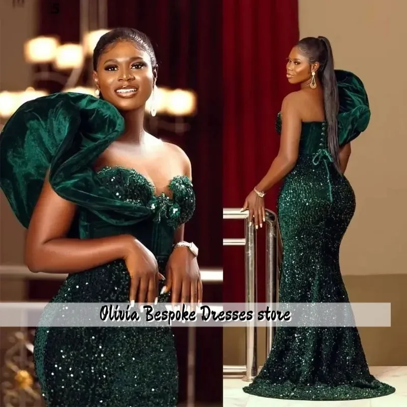 

African Dark Green Sequined Prom Gowns Women Sexy One Shoulder Ruched Mermaid Evening Dresses Second Reception Robes Customized