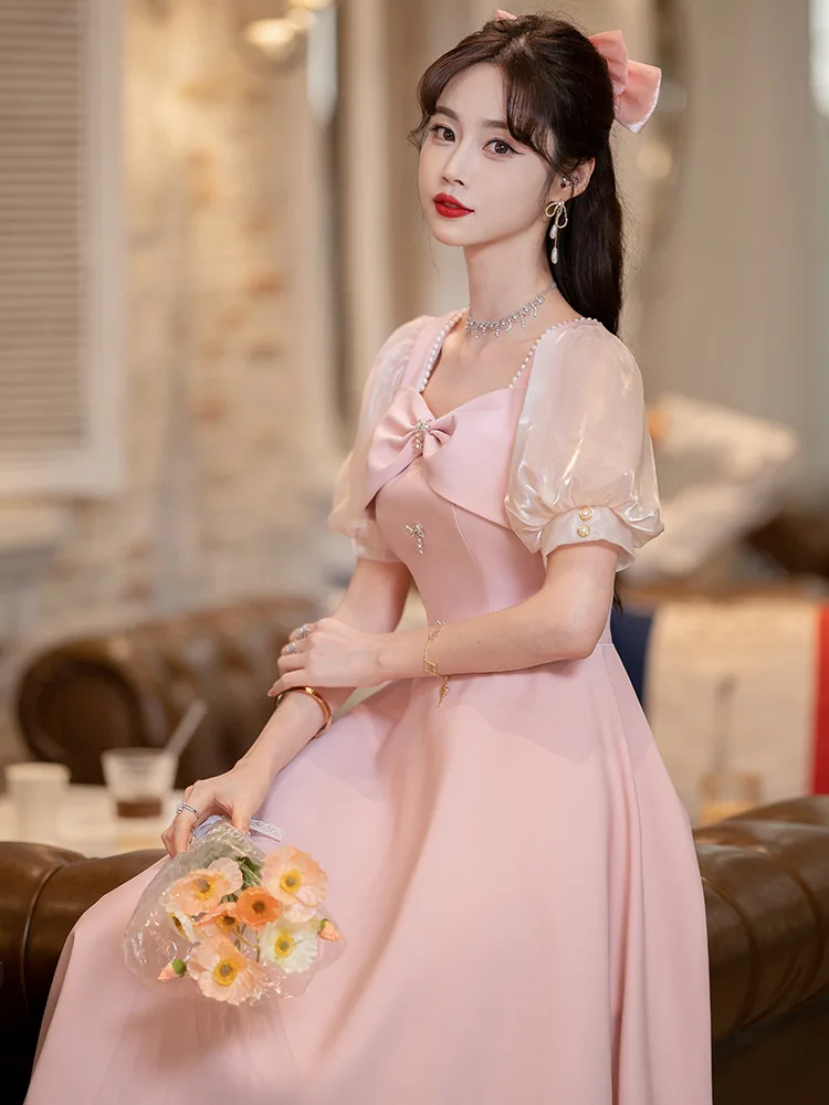 Sweet Pink Evening Dress Puff Sleeve Princess Dresses Elegant Beaded Bow Square Collar A-LineTea-Length Birthday Party Gown