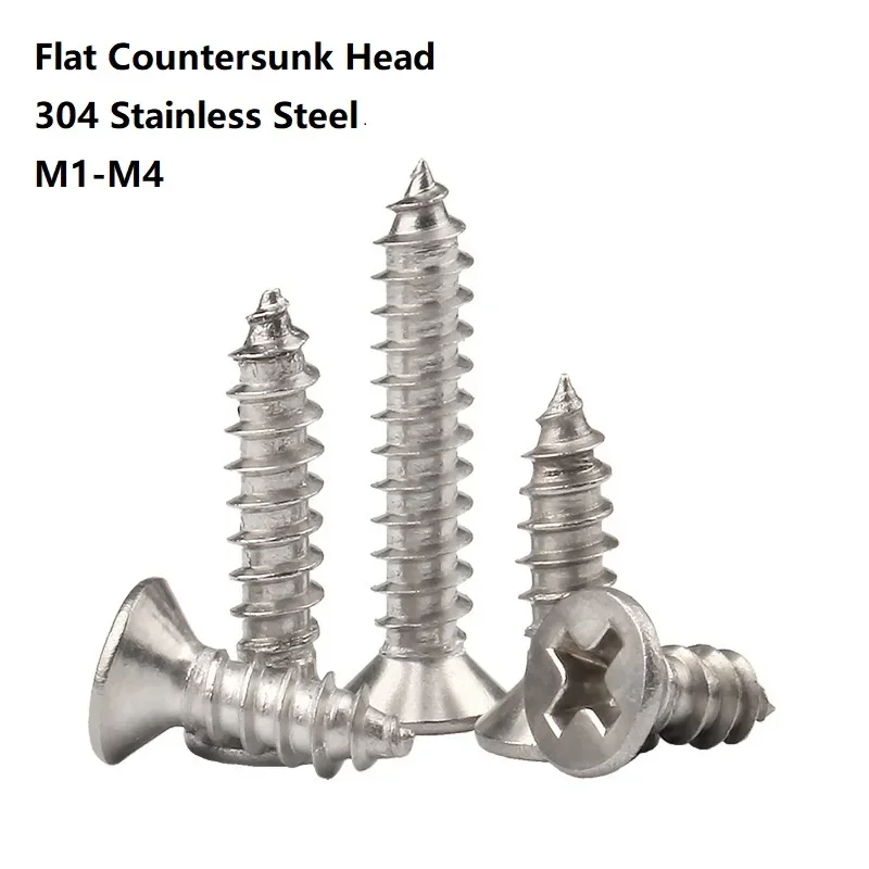 50Pcs/Pack 304 Stainless Steel Self Tapping Screws Cross Countersunk Head Screw Flat Head KA Extended Wood Screw M1 M2 M3 M4