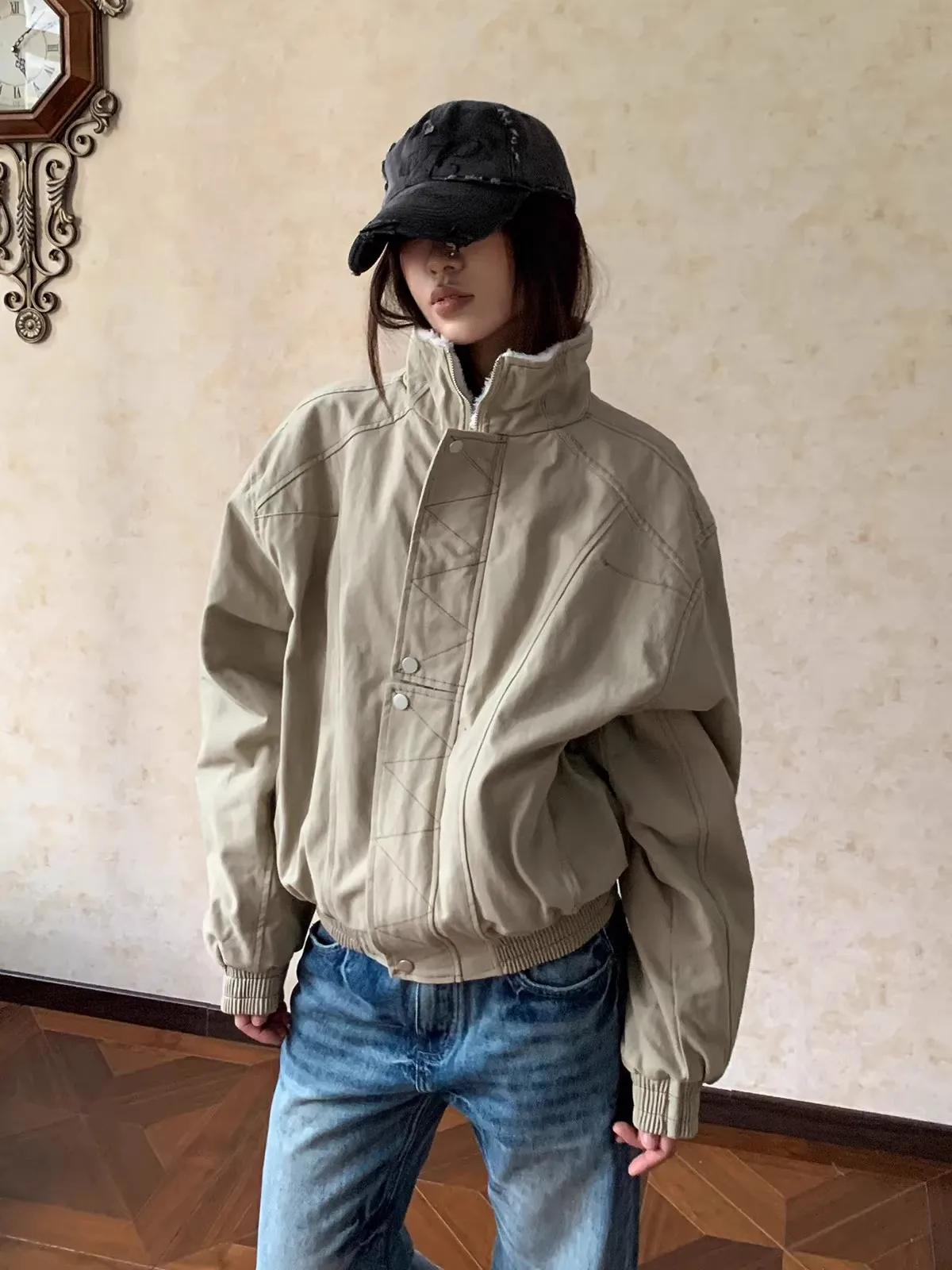 

American Sle Deconstructed Jaet with Thien Fce Loose Cotton Workwear Jaet for Men Stand Collar Long Sve Coat