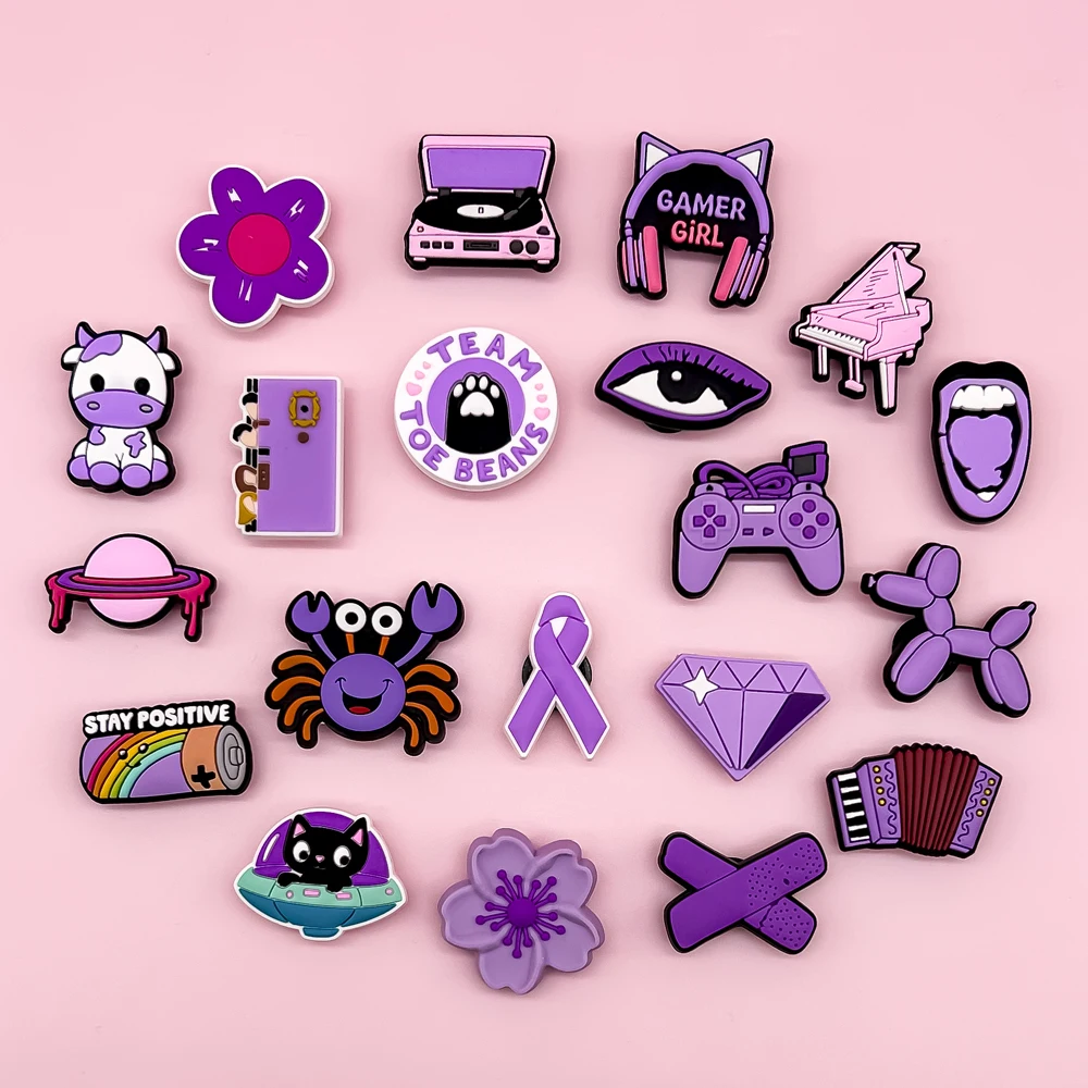 

1/20pcs Purple Style Flower Shoe Charms for DIY Women Girls Cat Cow Shoe Accessories Decoration Piano GamePad Pin Clog for Kids