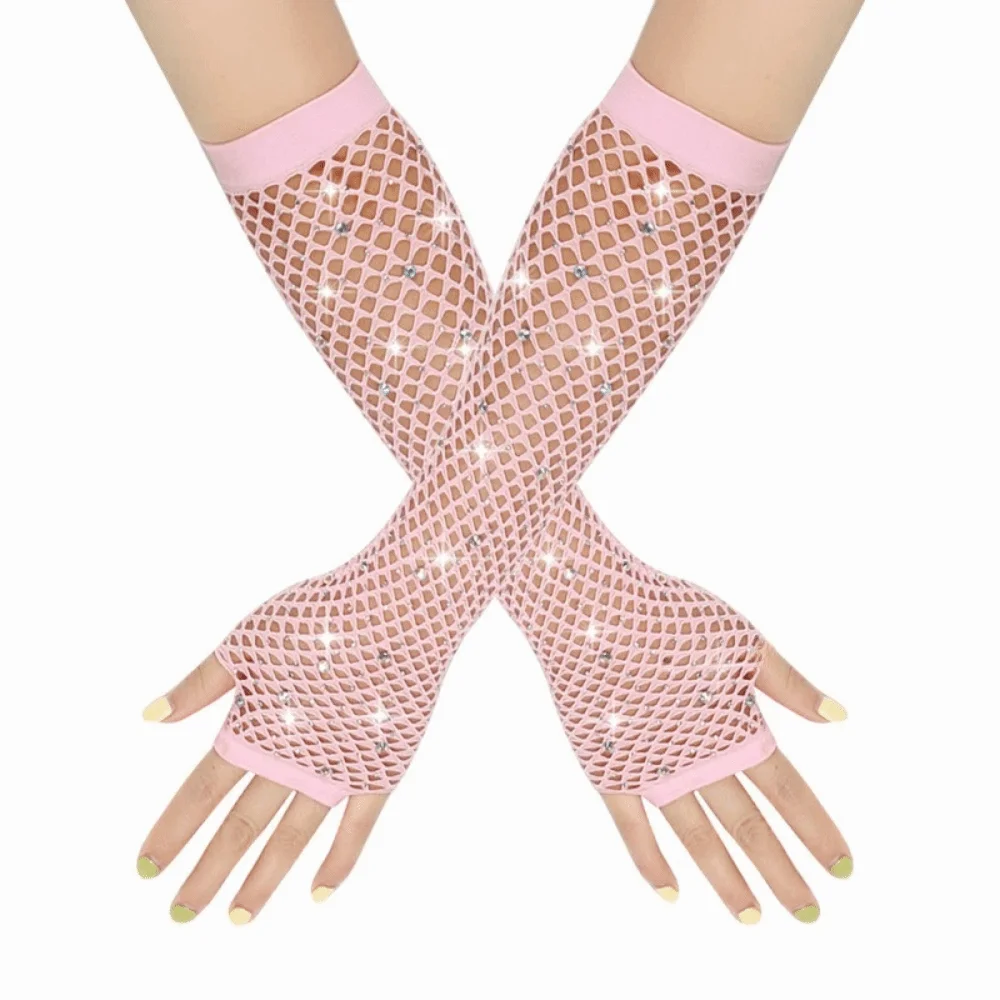 Elastic Rhinestone Gloves Black White Shiny Mesh Lace Gloves Punk Gothic Style Fishnet Fingerless Gloves Fashion Accessory