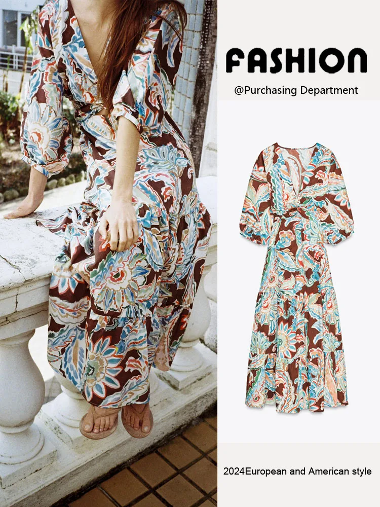 

Spring New Arrival Women's Fashion Print Silk Long Sleeve V-Neck Dress Elegant Ethnic Style Stage Costume Traditional Hanfu