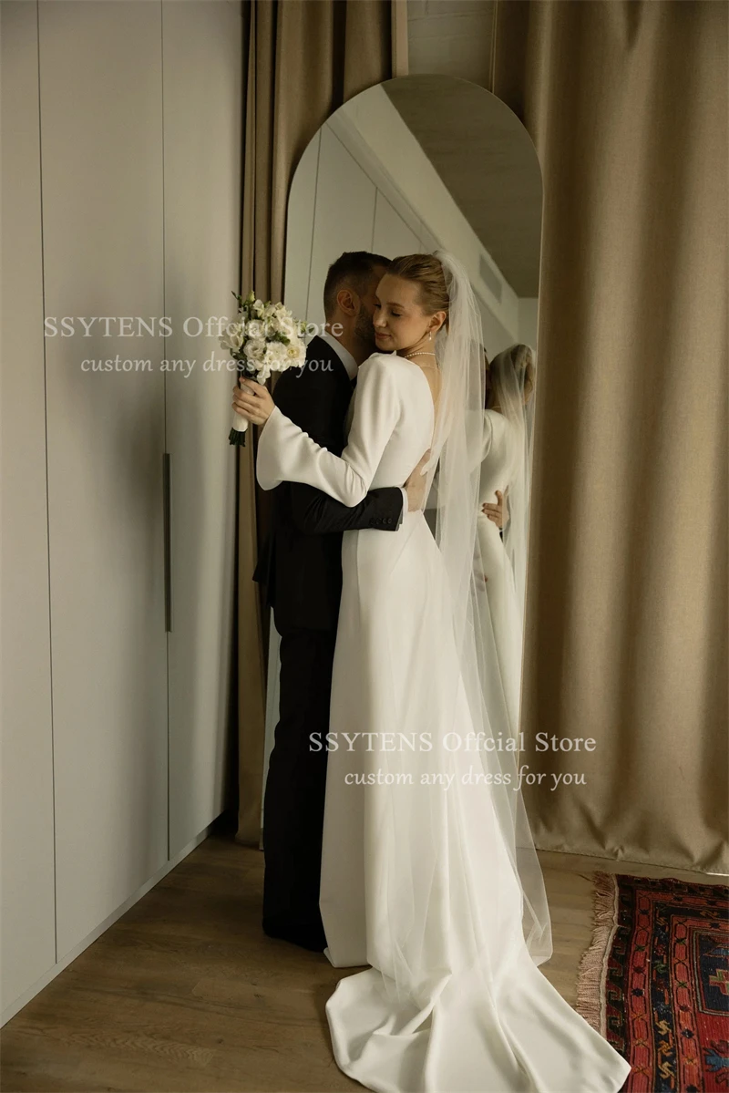 SSYTENS Customized Simple Wedding Dresses Full Sleeves Fit Country Wedding Bride Gown Slit Customized Vestido De Novia for Women