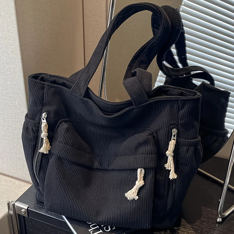 Women'S Large Capacity Corduroy Tote Bag  Heavy-Duty Multi-Compartment Handbag Shoulder Bag with Fixed Strap & Zipper Closure