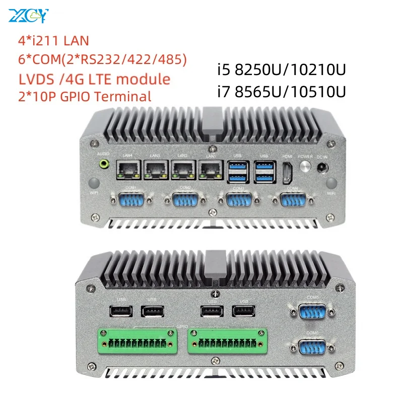 

XCY Industrial Fanless Mini PC 4LAN i211 PoE Intel Core i5-8250U Pentium 5205U 6COM RS232 RS485 GPIO LVDS Windows 11 10 Linux