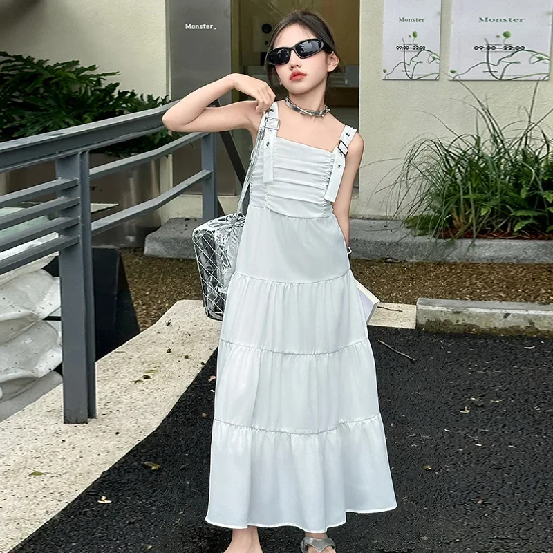 

Girls White Dress Summer 2024 Sleeveless Chiffon Vest Princess Dress for Kids Casual Vacation Teen Children Clothes 10 12 Years