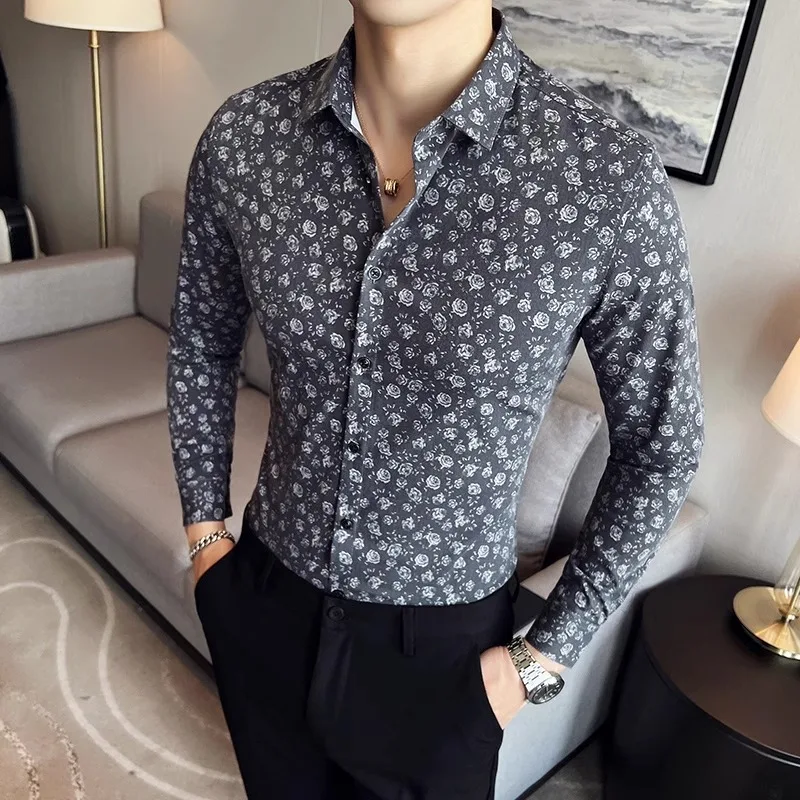 High Quality Floral Print Shirt Men Autumn Slim Fit Casual Business Formal Dress Shirts Social Party Tuxedo Blouse Men Clothing