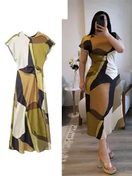 HH 2024 Women's Trendy Summer Midi Dresses Back Hollow Out Button Vinatge O-Neck Short Sleeve Elegant Slim Print Dresses