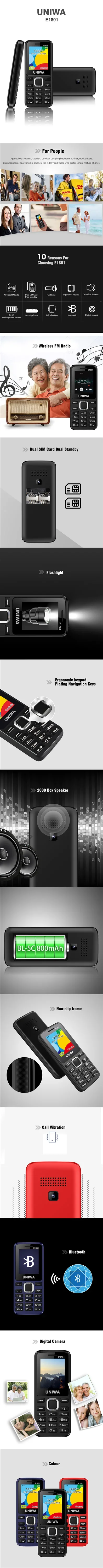 UNIWA E1801 Feature Phone with 1.77 Inch Display 800mAh Battery Dual SIM FM Radio Cell Phone for Elder Man Support TF Expansion
