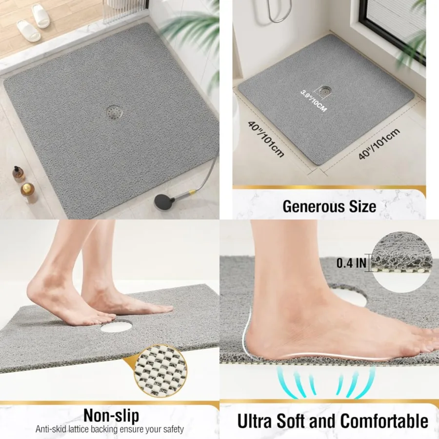 

Square Shower Mat, 40 x 40 Inch Non Slip Bath Mat for Tub, Soft PVC Loofah Bathtub Mats with Drain Holes, Quick Drying Bathroom