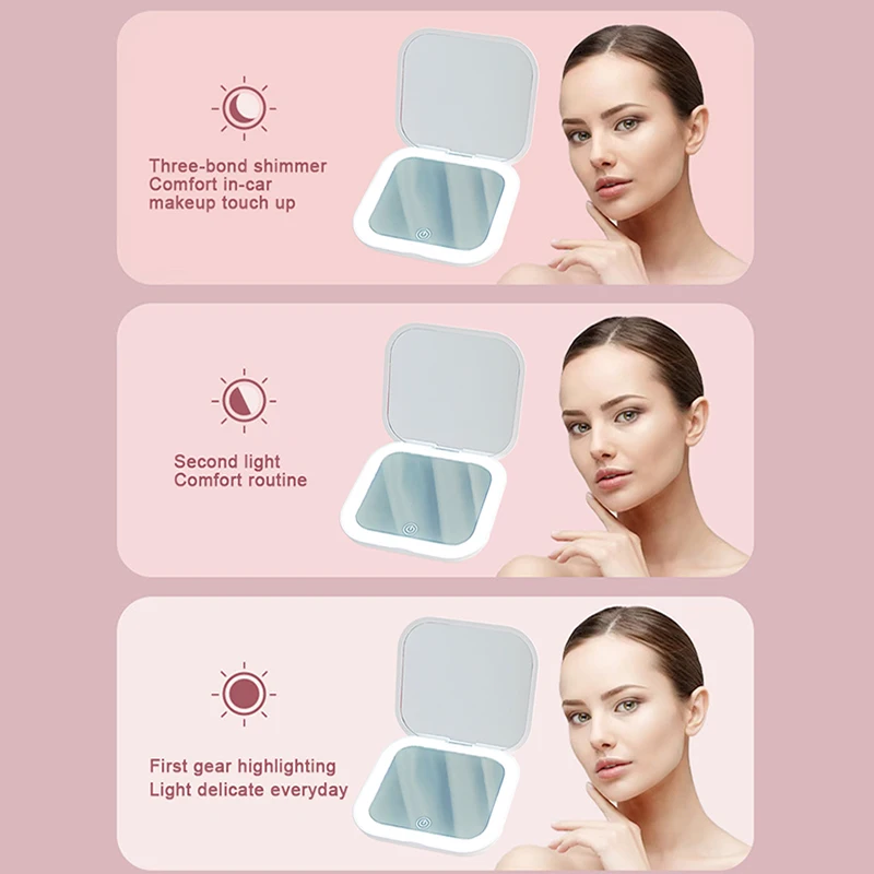 Espelho de viagem dobrável portátil com luz LED, espelho cosmético compacto, espelho de ampliação 10x, 2 lados, beleza, espelho redondo