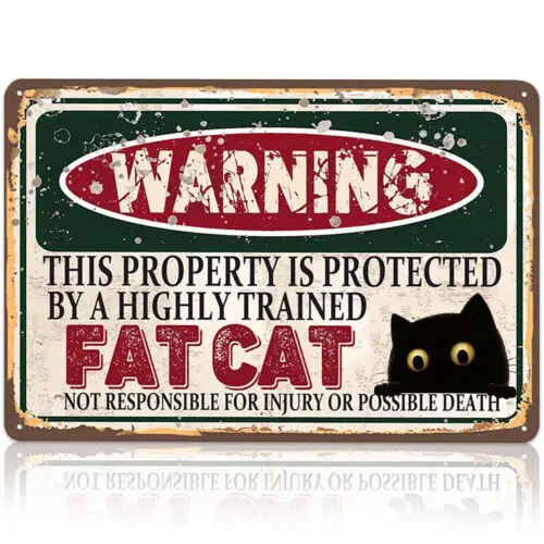 Funny Fat Cat Sign Warning Vintage Metal Sign Poster for Home Wall Decor 8X12IN