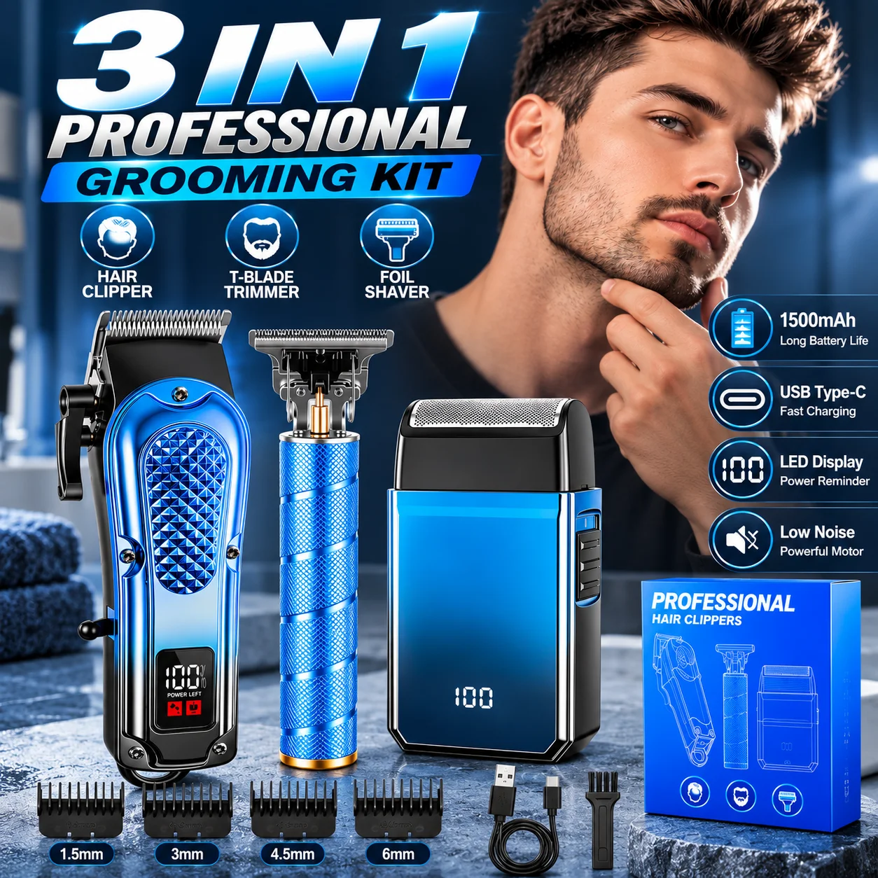 3 in 1 Professional Hair Clipper Set for Men Cordless Hair Trimmer T Blade Foil Shaver USB Rechargeable Barber Grooming Kit