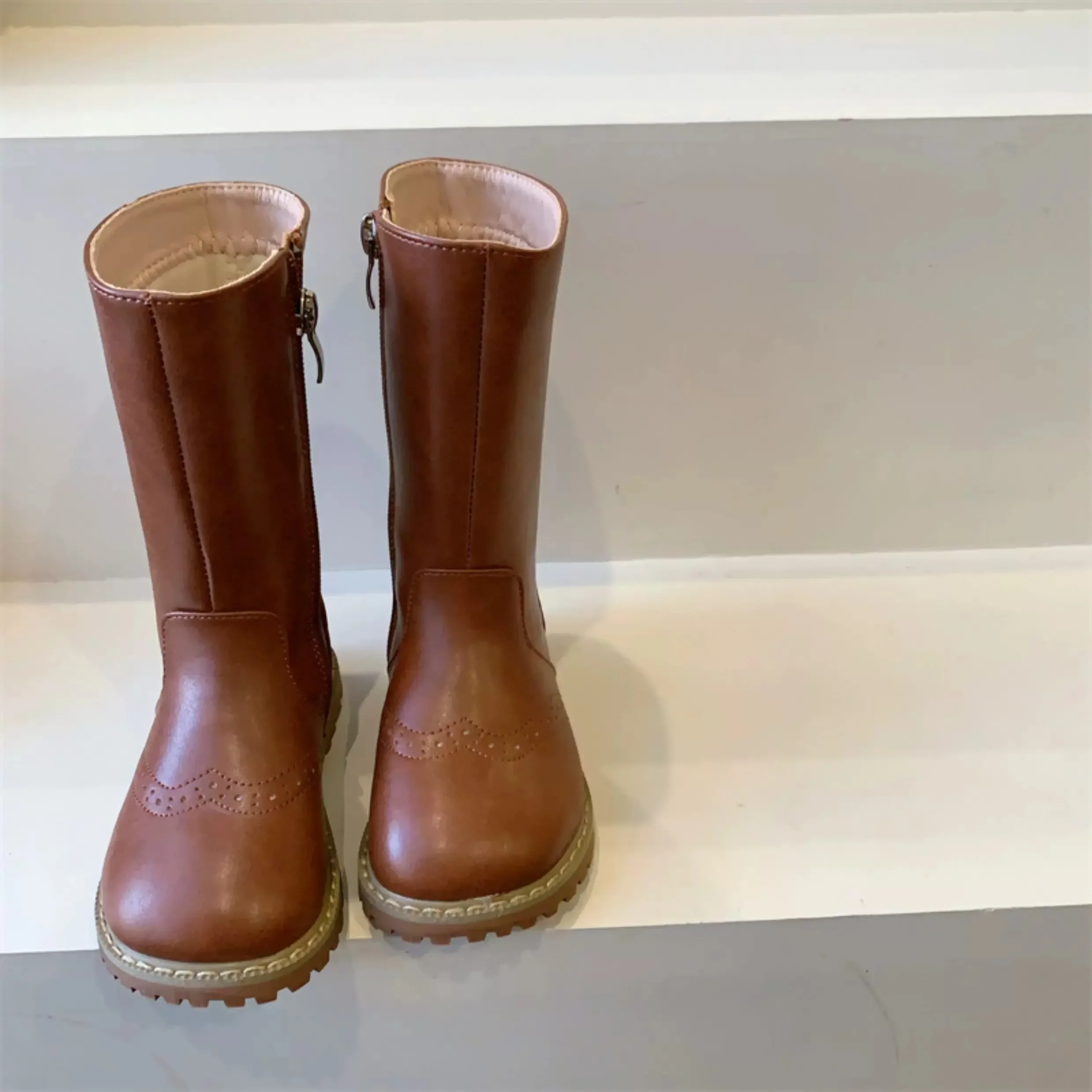 Toddler Girls Vintage Mid Calf Boots, Brogue Perforated Detail, Side Zipper, Non Slip Thick Sole for Autumn Daily Wear