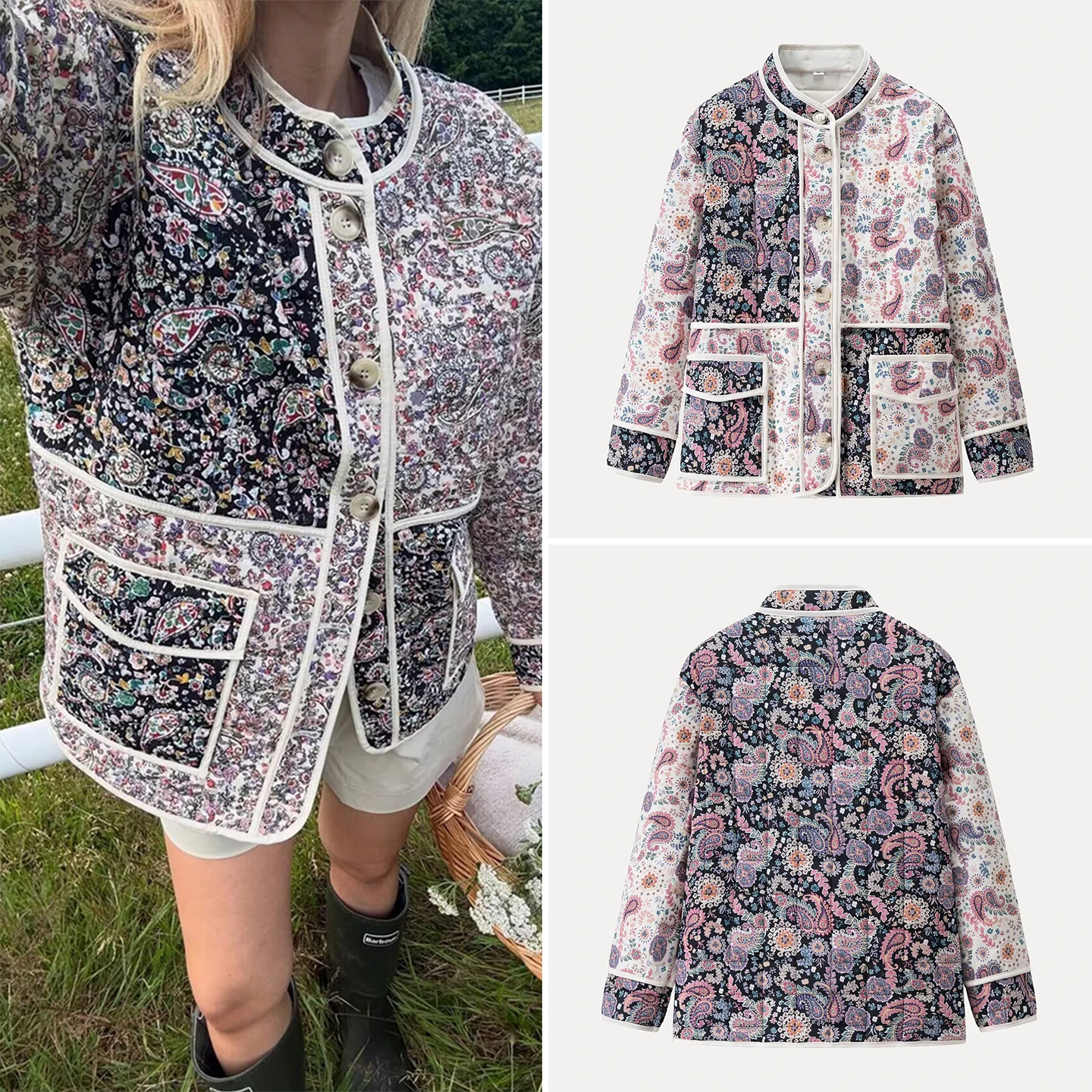 

2025 Autumn New Sle Women's Casual Floral Print Stand Collar Patchwork Cotton irt Commute Faion Classy Daily Wear
