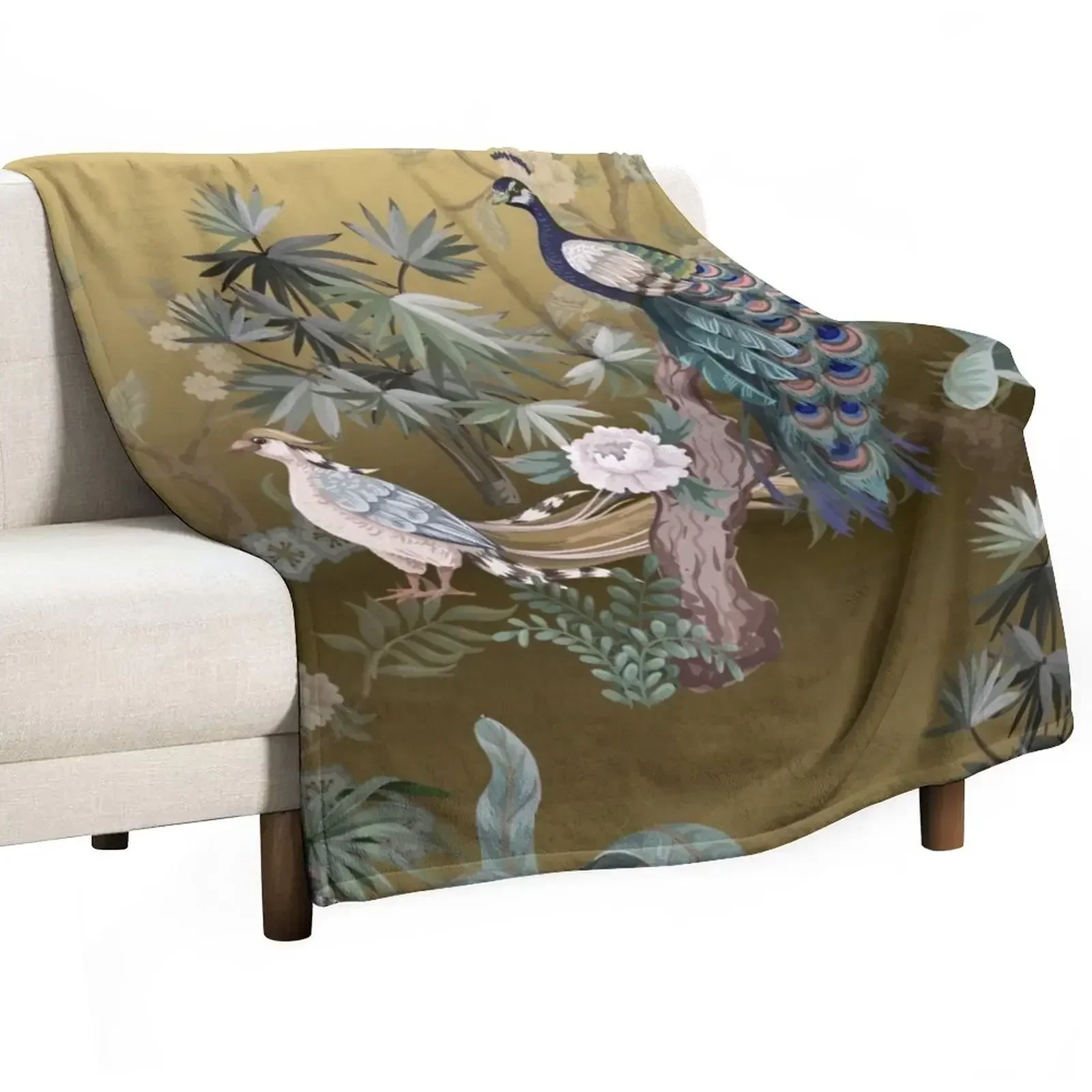 

Fengshui Oriental Chinoiserie - Gold Leaf Garden with Peacock and Quail Throw Blanket Soft Plaid Soft Big Blankets