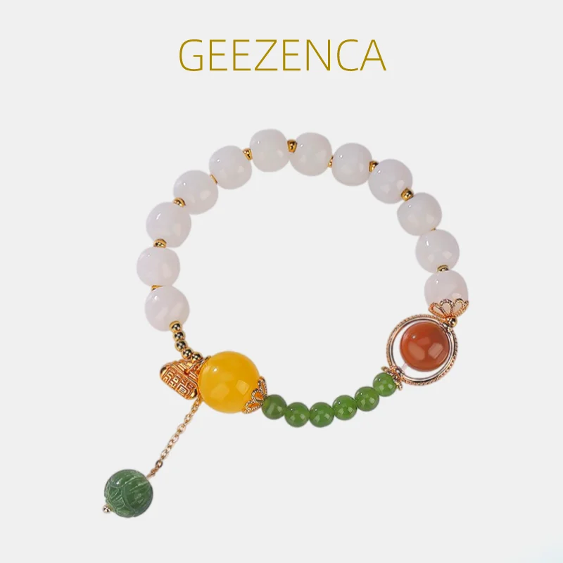 

GEEZENCA Luxury S925 Silver White Jade Green Jasper Amber Beaded Bracelet For Women Vintage Gorgeous Gems Bracelets Best Gift