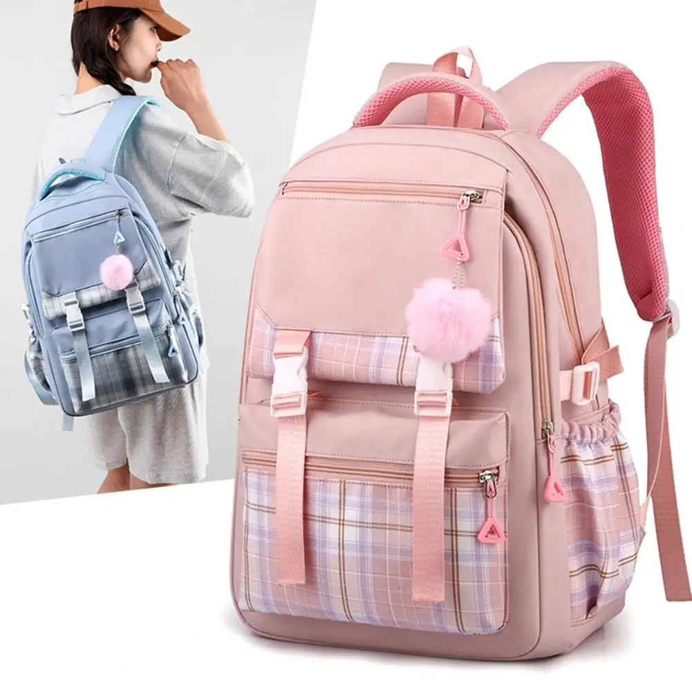 School Backpack Plaid Print Student Backpack with Plush Ball Pendant Capacity Multi Compartment School for Pupils for Outdoor