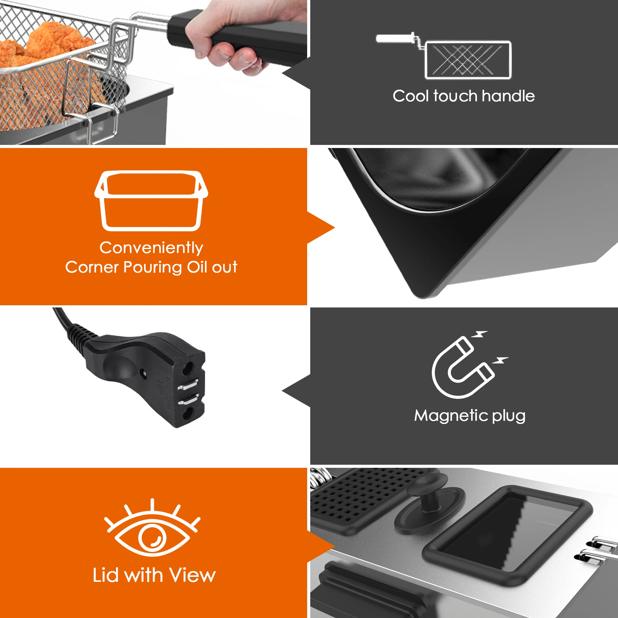Friggitrice elettrica M Minca da 3 litri con cestello per friggere con gancio - Pentola interna in acciaio inossidabile e smalto da 1500 W, controllo della temperatura regolabile