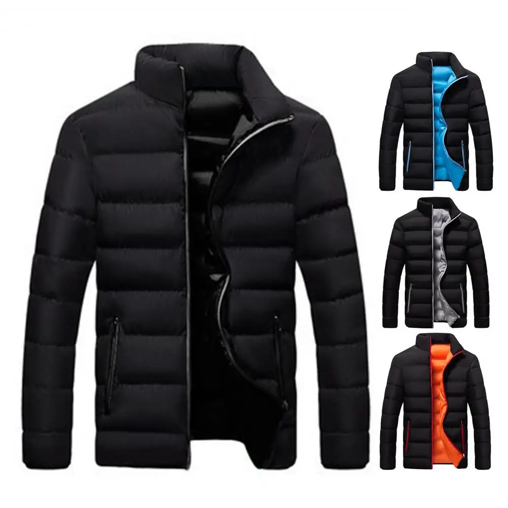 Autumn Winter Men Cotton Jacket Contrast Color Long Sleeves Stand Collar Parkas Loose Fit Zipper Pocket Casual Male Outwear