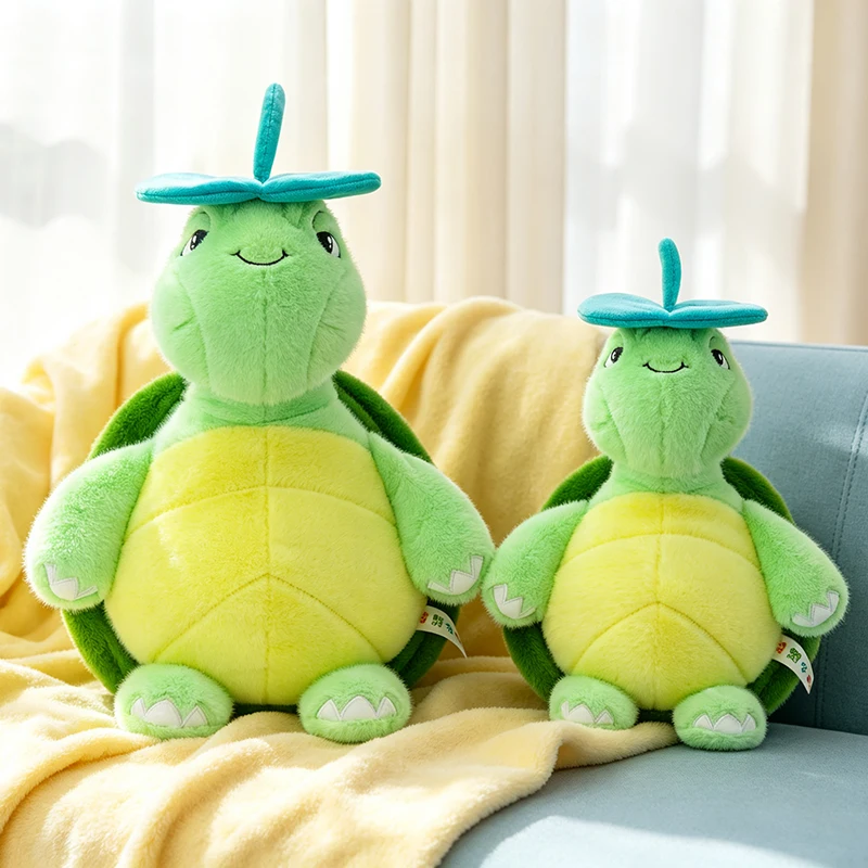 Green Turtle Plush Doll with Leaf Hat Soft Stuffed Tortoise Toy Multiple Sizes Animal Pillow Kids Gift Home Sofa Decor Ornament