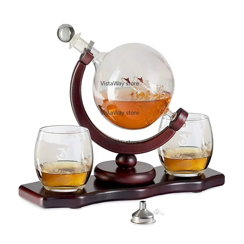 

Personalized Gift Liquor Bar Etched Wine Whiskey Globe Decanter Set with Wood Base 2 Glasses For Brandy Vodka