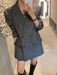 Women's Autumn Winter Loose Fit Double Breasted Belted Striped Suit Jacket Korean Style Fashion Outerwear Commute Style